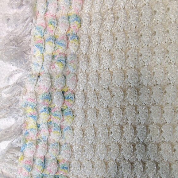 Vintage Handmade Crocheted Baby Blanket 54x32 Pastel Fringe Nursery Decor - Picture 5 of 13